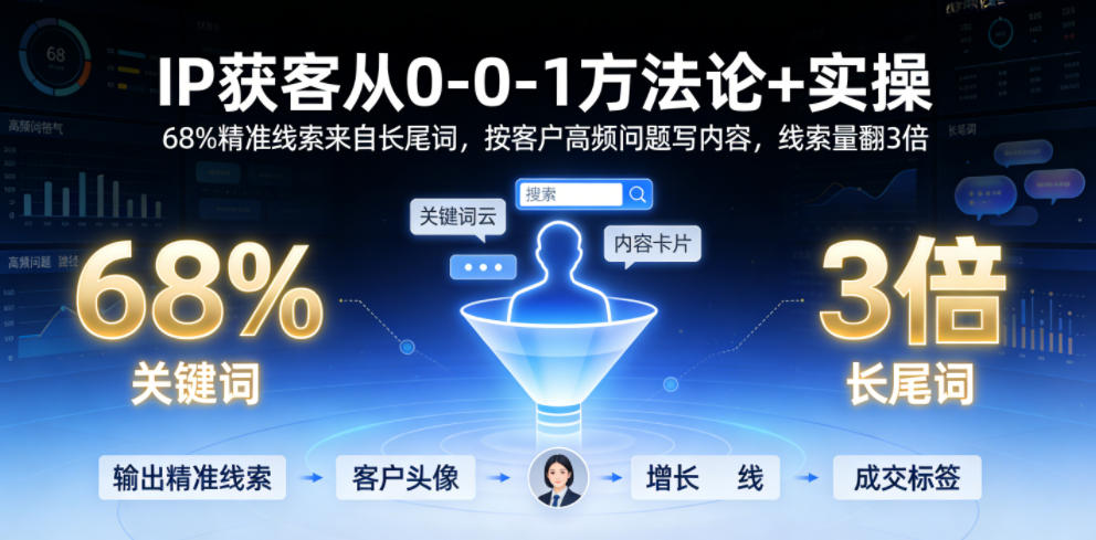IP获客从0-1方法论+实操，68%精准线索来自长尾词，按客户高频问题写内容，线索量翻3倍-测试